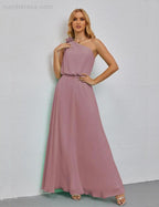 Ruffled One Shoulder Sleeveless Long Bridesmaid Dresses A-line Formal Evening Gown Side Split 28080 by numbersea