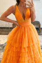 Reese |A-line Orange V-Neck Tulle Long Prom Dress by KissProm