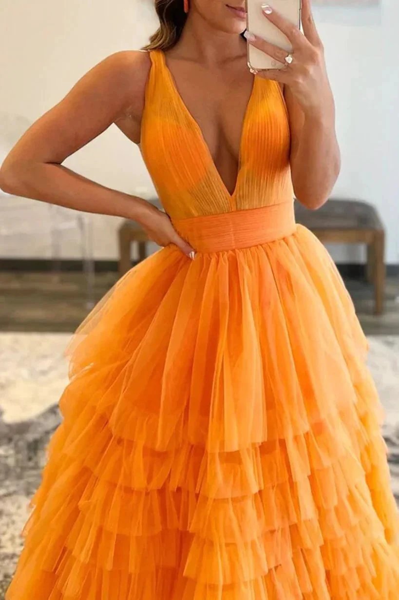 Reese |A-line Orange V-Neck Tulle Long Prom Dress by KissProm