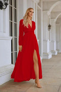 Ladies V Neck Chiffon Long Sleeve Front Slit Bridesmaid Evening Dress Wedding Party Shopping Evening Dress 28109 by numbersea
