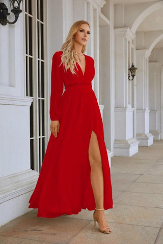Ladies V Neck Chiffon Long Sleeve Front Slit Bridesmaid Evening Dress Wedding Party Shopping Evening Dress 28109