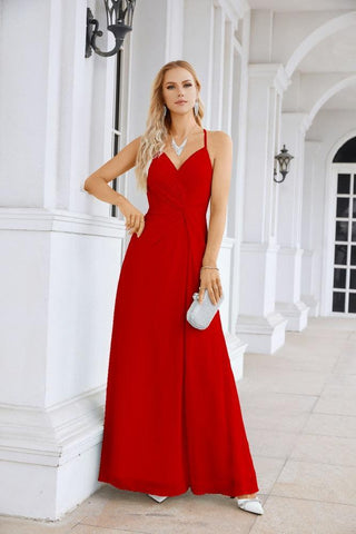 Ladies Chiffon Spaghetti Strap V Neck Front Slit Floor Length Bridesmaid Evening Dress Prom Party Wedding Evening Dress 28116