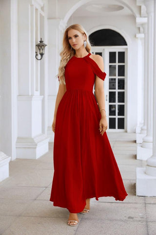 Ladies Chiffon Off Shoulder Swing Sleeve Front Slit Bridesmaid Evening Dress Wedding Party Evening Dress 28117