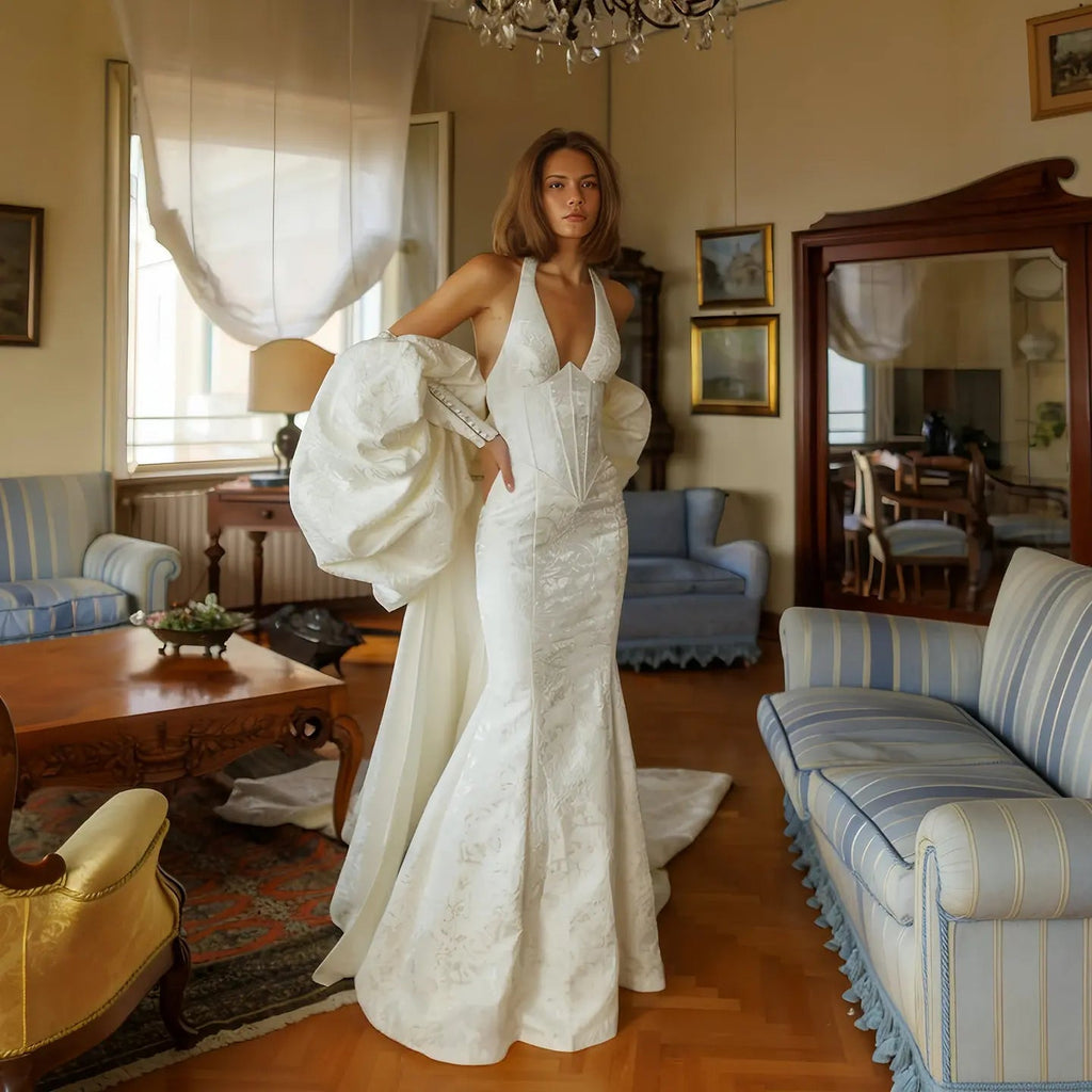 Elegant Ivory Halter Neck Puff Sleeve Mermaid Wedding Dress with Train SW188