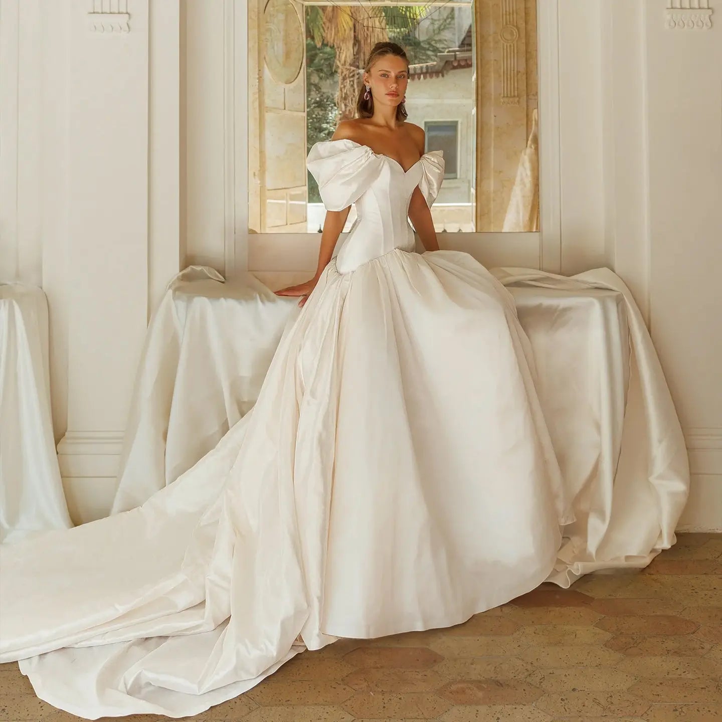 Romantic White Satin Off-the-Shoulder Puff Sleeve Ball Gown Wedding Dress SW192