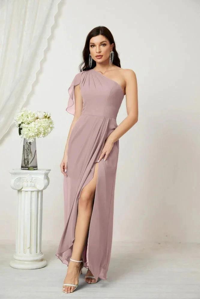 Numbersea Chiffon Ruffled One Shoulder Long Bridesmaid Dresses A-line Formal Evening Gown Side Split 2809 by numbersea Main image