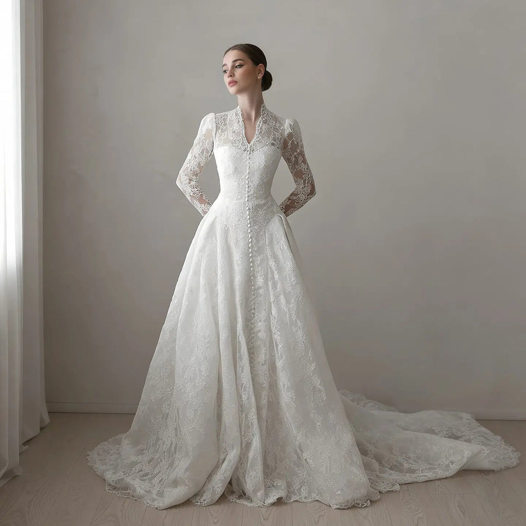 Vintag White Lace High Neck Long Sleeve A-Line Wedding Dress with Train SW272