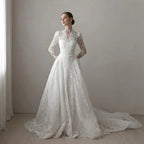 Vintag White Lace High Neck Long Sleeve A-Line Wedding Dress with Train SW272