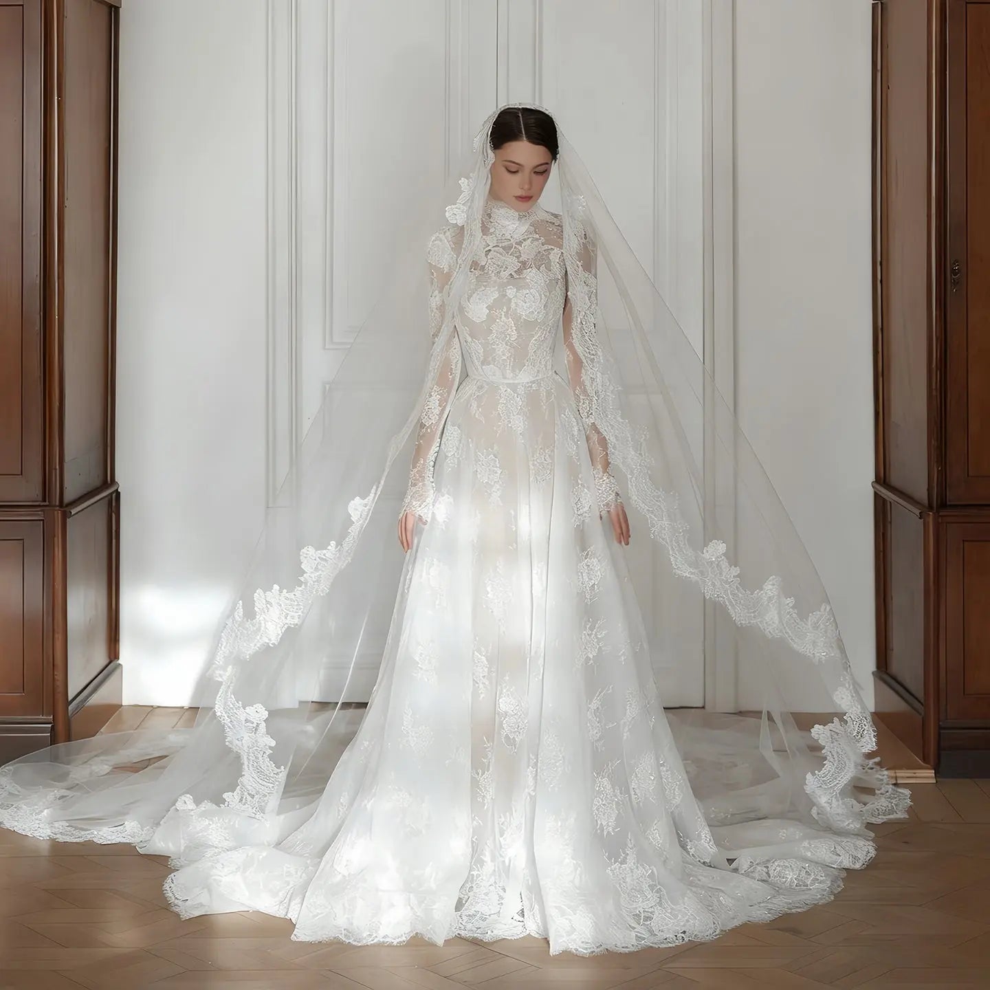 Regal Ivory Lace High Neck Long Sleeve Wedding Dress with Cathedral Veil SW277