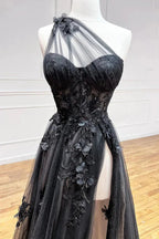 A Line One Shoulder Black Long Prom Dress with Appliques by KissProm