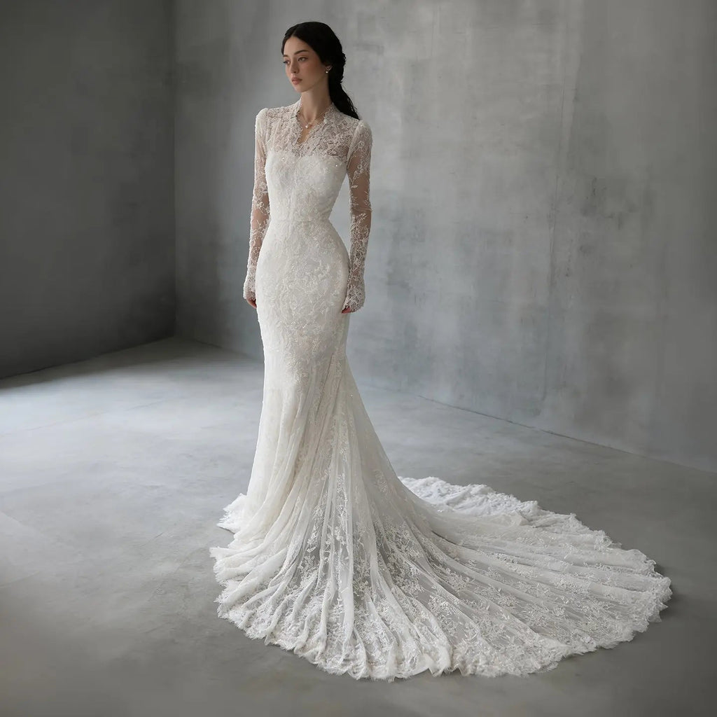 Elegant Ivory Lace High Neck Long Sleeve Train Mermaid Wedding Dress with Veil SW274