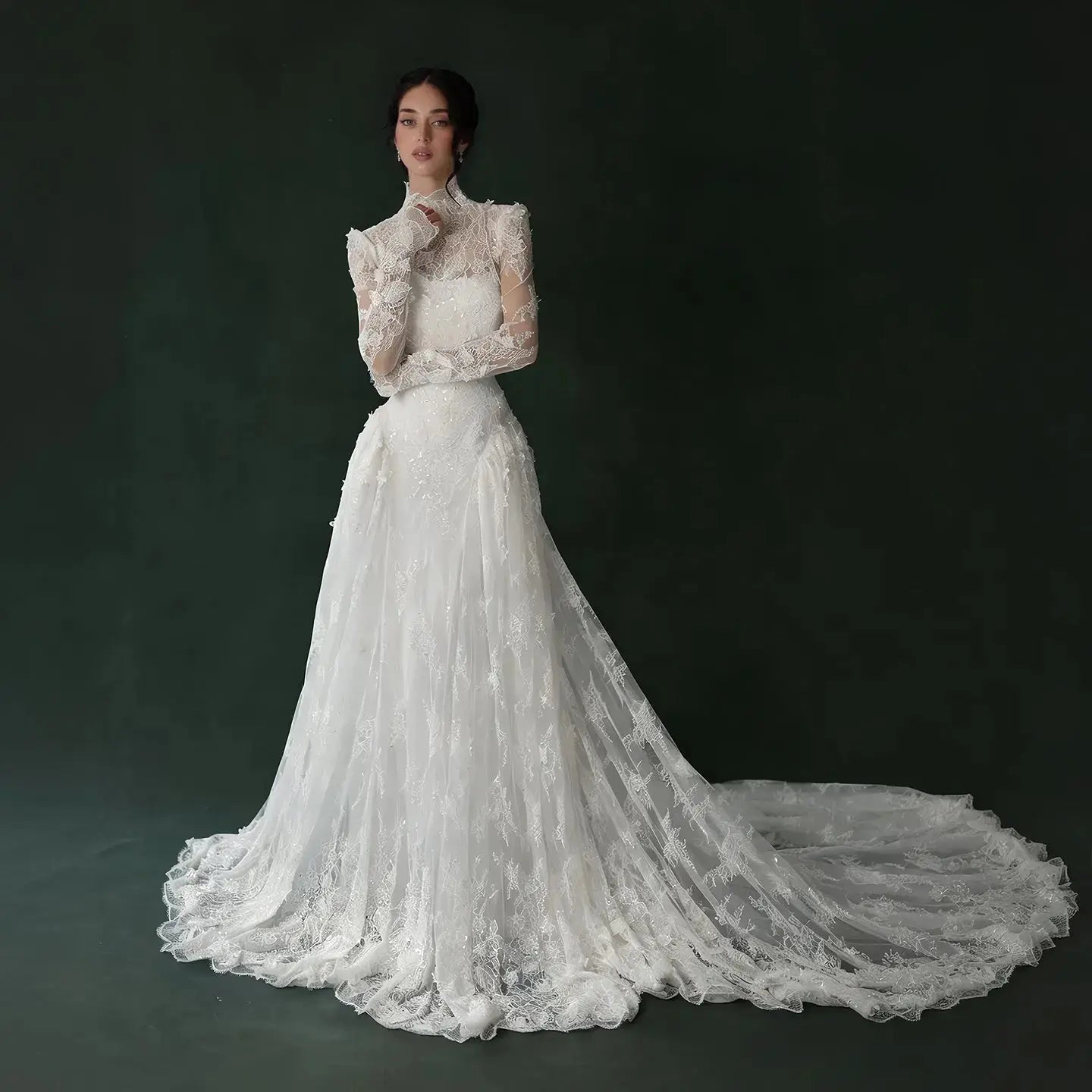 Classic Ivory Lace High Neck Long Sleeve A-Line Wedding Dress with Veil SW275