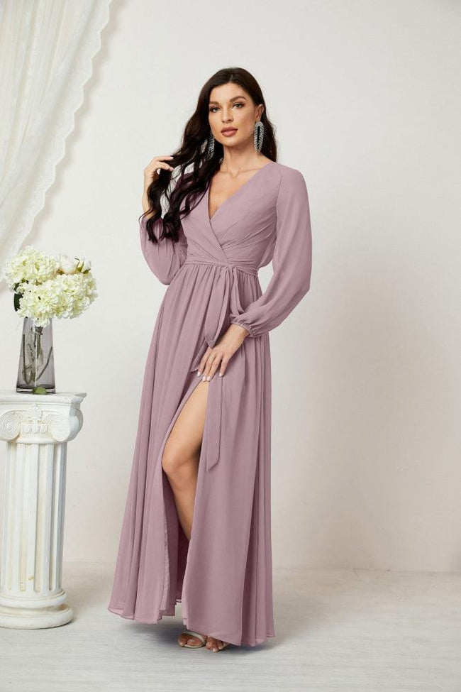 Sunnderly Evening Dresses Deep V-Neck Chiffon Bridesmaid Dresses Long Bishop Sleeve Side Split Formal Dress SY2806 Hover Image