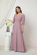 Numbersea Formal Prom Gown Women V-Neck Chiffon Bridesmaid Dresses Long Bishop Sleeve Party Dress 2807 by numbersea