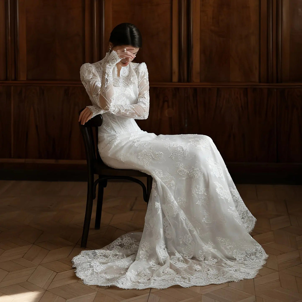 Elegant White Lace High Neck Long Sleeve A-Line Wedding Dress SW279