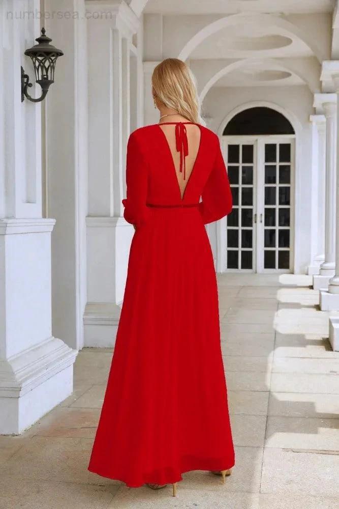 Ladies V Neck Chiffon Long Sleeve Front Slit Bridesmaid Evening Dress Wedding Party Shopping Evening Dress 28109 by numbersea