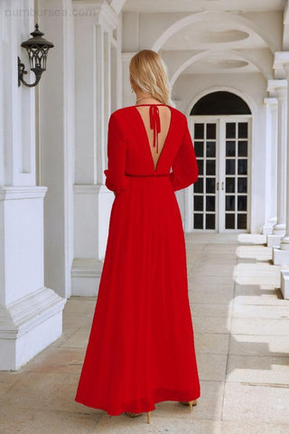 Ladies V Neck Chiffon Long Sleeve Front Slit Bridesmaid Evening Dress Wedding Party Shopping Evening Dress 28109