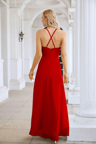 Ladies Chiffon Spaghetti Strap V Neck Front Slit Floor Length Bridesmaid Evening Dress Prom Party Wedding Evening Dress 28116
