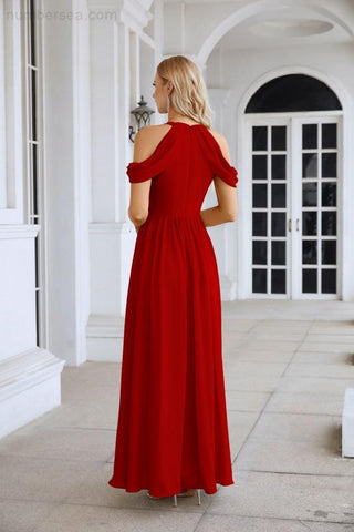 Ladies Chiffon Off Shoulder Swing Sleeve Front Slit Bridesmaid Evening Dress Wedding Party Evening Dress 28117