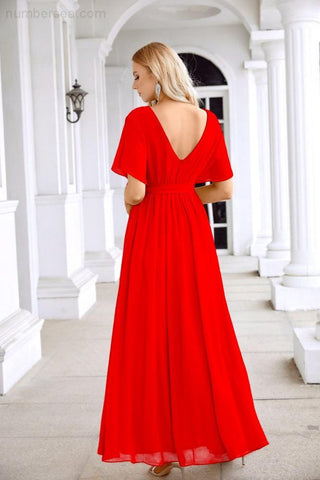 Ladies Chiffon Sleeve Crew Neck Front Slit Floor Length Bridesmaid Evening Dress Wedding Party Evening Dress 28124