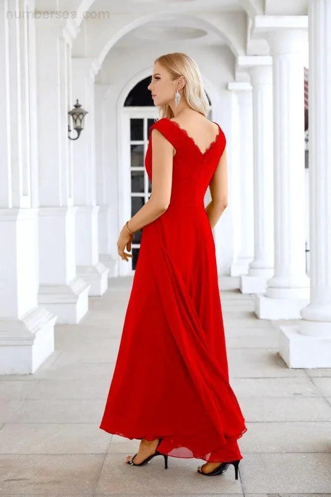 Ladies Chiffon V Neck Sleeveless Floor Length Bridesmaid Evening Dress Wedding Party Evening Dress 28126 by numbersea