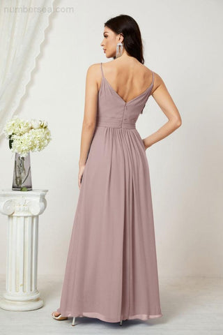 Numbersea Chiffon V-Neck Bridesmaid Dress Spaghetti Strap Long Formal Party Prom Gowns with Slit 28010