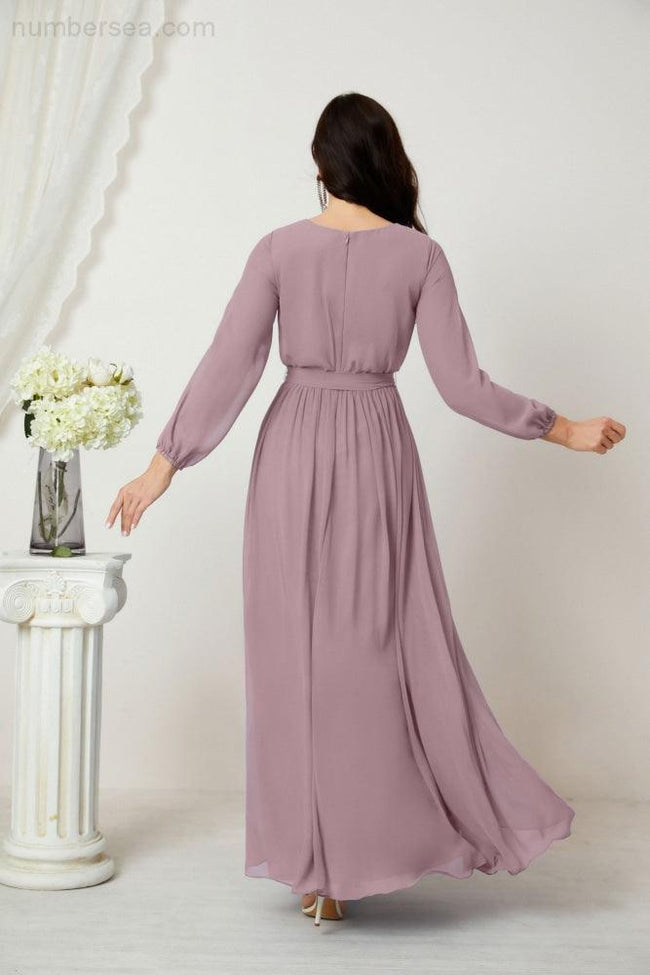 Sunnderly Evening Dresses Deep V-Neck Chiffon Bridesmaid Dresses Long Bishop Sleeve Side Split Formal Dress SY2806 Main Image