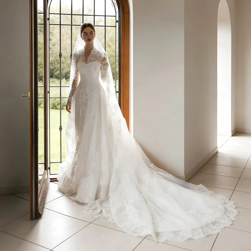 Timeless White Lace V-Neck Long Sleeve Wedding Dress with Cathedral Veil SW278