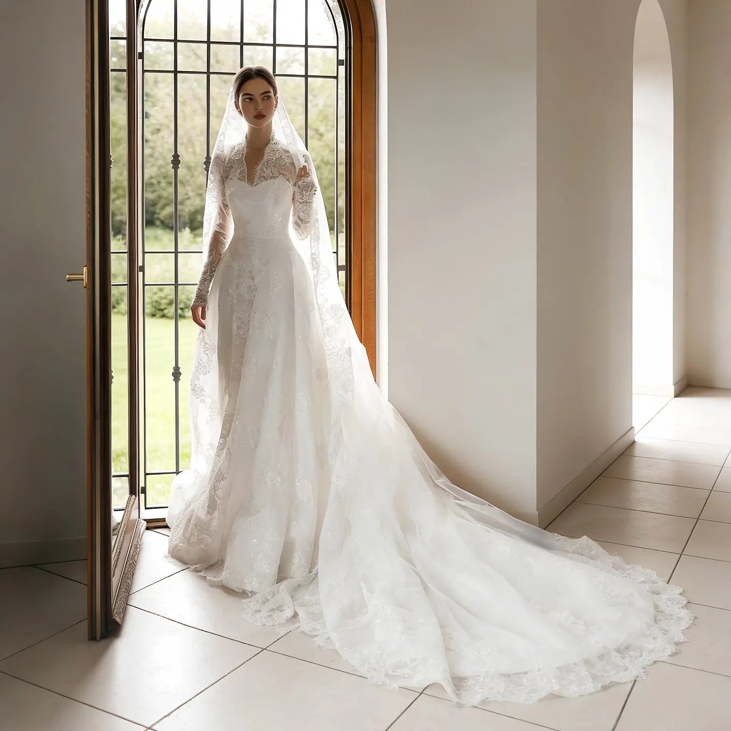 Timeless White Lace V-Neck Long Sleeve Wedding Dress with Cathedral Veil SW278