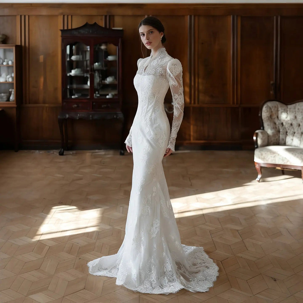 Elegant White Lace High Neck Long Sleeve A-Line Wedding Dress SW279