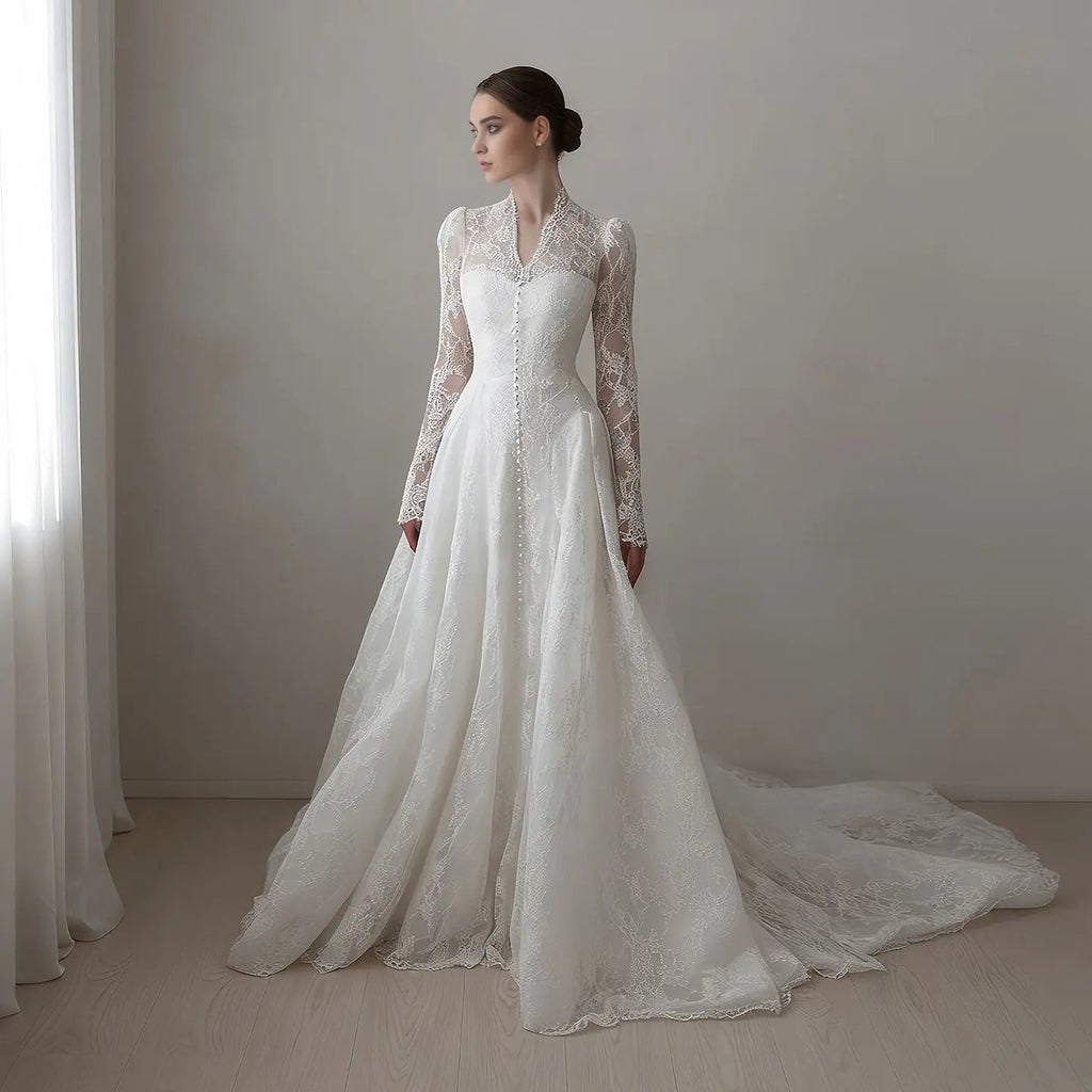 Vintag White Lace High Neck Long Sleeve A-Line Wedding Dress with Train SW272