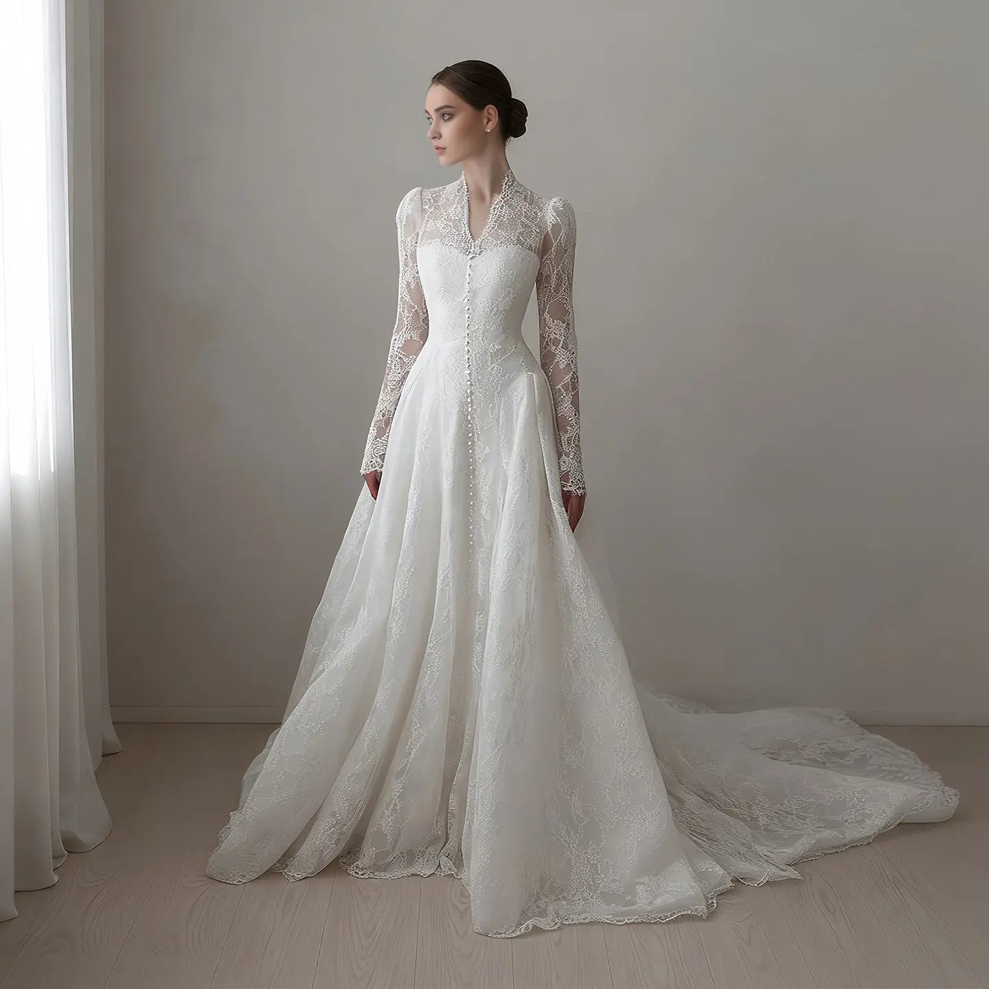 Vintag White Lace High Neck Long Sleeve A-Line Wedding Dress with Train SW272