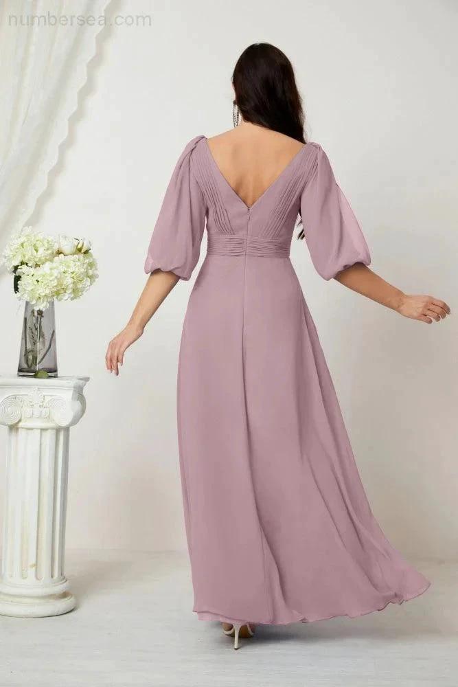 Numbersea Formal Prom Gown Women V-Neck Chiffon Bridesmaid Dresses Long Bishop Sleeve Party Dress 2807 by numbersea