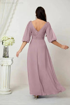 Numbersea Formal Prom Gown Women V-Neck Chiffon Bridesmaid Dresses Long Bishop Sleeve Party Dress 2807 by numbersea