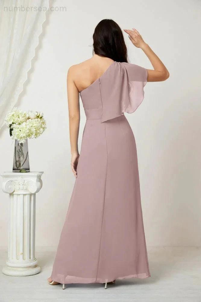Numbersea Chiffon Ruffled One Shoulder Long Bridesmaid Dresses A-line Formal Evening Gown Side Split 2809 by numbersea