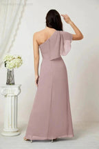 Numbersea Chiffon Ruffled One Shoulder Long Bridesmaid Dresses A-line Formal Evening Gown Side Split 2809 by numbersea