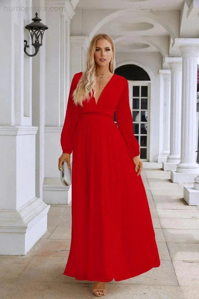 Ladies V Neck Chiffon Long Sleeve Front Slit Bridesmaid Evening Dress Wedding Party Shopping Evening Dress 28109 by numbersea