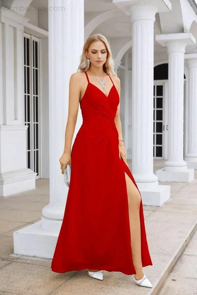Ladies Chiffon Spaghetti Strap V Neck Front Slit Floor Length Bridesmaid Evening Dress Prom Party Wedding Evening Dress 28116 by numbersea