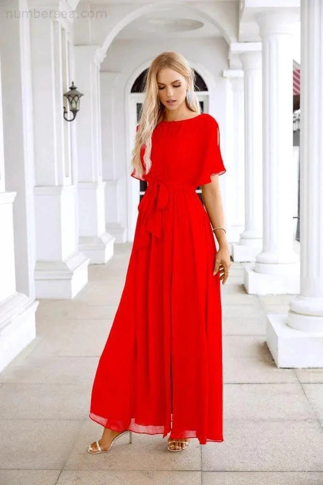 Ladies Chiffon Sleeve Crew Neck Front Slit Floor Length Bridesmaid Evening Dress Wedding Party Evening Dress 28124 by numbersea
