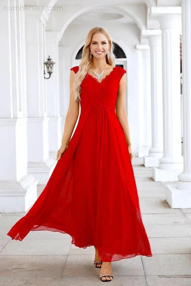 Ladies Chiffon V Neck Sleeveless Floor Length Bridesmaid Evening Dress Wedding Party Evening Dress 28126 by numbersea