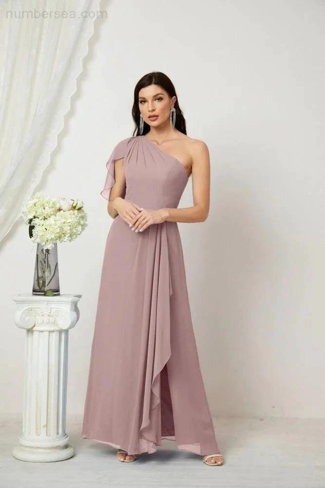 Numbersea Chiffon Ruffled One Shoulder Long Bridesmaid Dresses A-line Formal Evening Gown Side Split 2809 by numbersea