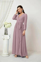 Sunnderly Evening Dresses Deep V-Neck Chiffon Bridesmaid Dresses Long Bishop Sleeve Side Split Formal Dress SY2806 by numbersea