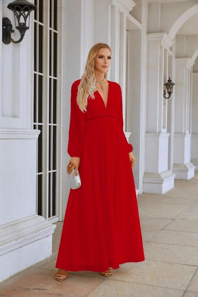Ladies V Neck Chiffon Long Sleeve Front Slit Bridesmaid Evening Dress Wedding Party Shopping Evening Dress 28109 by numbersea