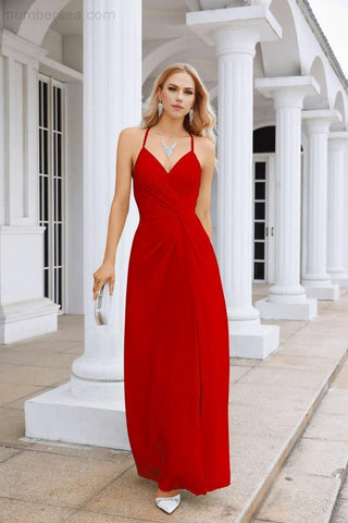 Ladies Chiffon Spaghetti Strap V Neck Front Slit Floor Length Bridesmaid Evening Dress Prom Party Wedding Evening Dress 28116