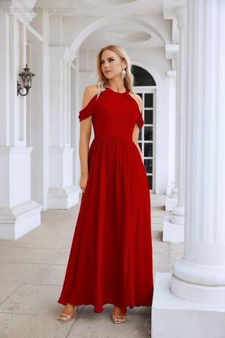 Ladies Chiffon Off Shoulder Swing Sleeve Front Slit Bridesmaid Evening Dress Wedding Party Evening Dress 28117