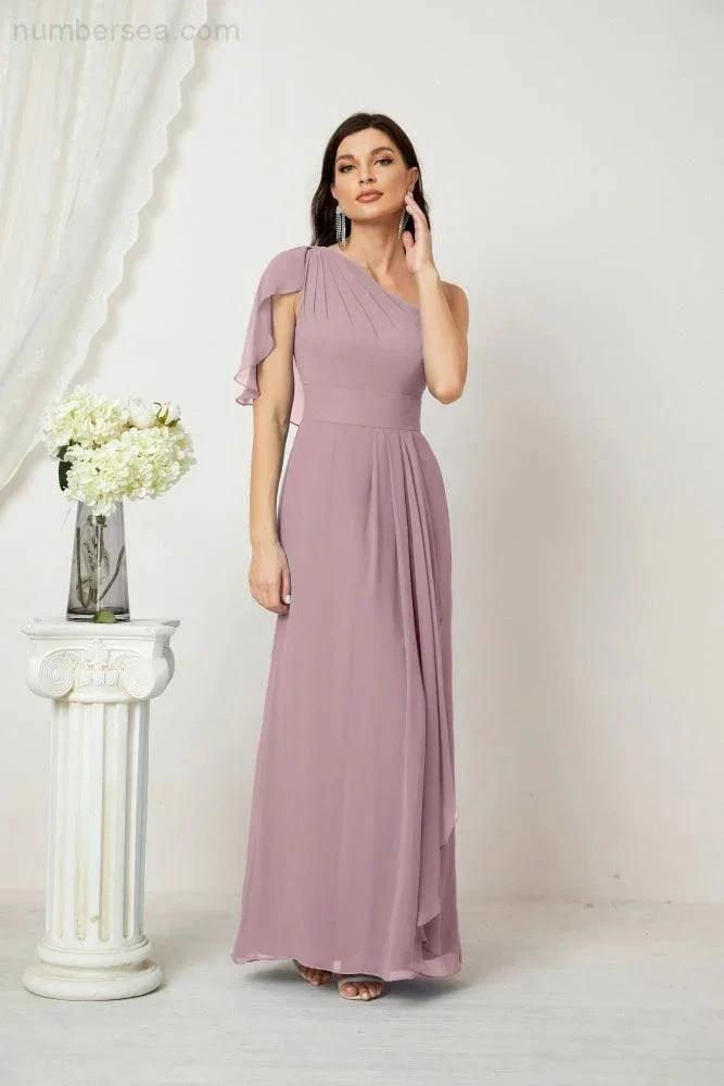 Numbersea Chiffon Ruffled One Shoulder Long Bridesmaid Dresses A-line Formal Evening Gown Side Split 2809 by numbersea