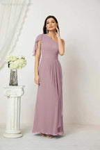 Numbersea Chiffon Ruffled One Shoulder Long Bridesmaid Dresses A-line Formal Evening Gown Side Split 2809 by numbersea