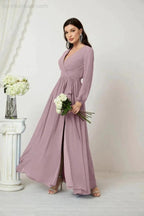 Sunnderly Evening Dresses Deep V-Neck Chiffon Bridesmaid Dresses Long Bishop Sleeve Side Split Formal Dress SY2806 by numbersea