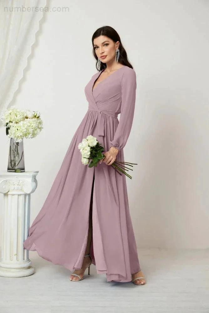 Sunnderly Evening Dresses Deep V-Neck Chiffon Bridesmaid Dresses Long Bishop Sleeve Side Split Formal Dress SY2806 by numbersea