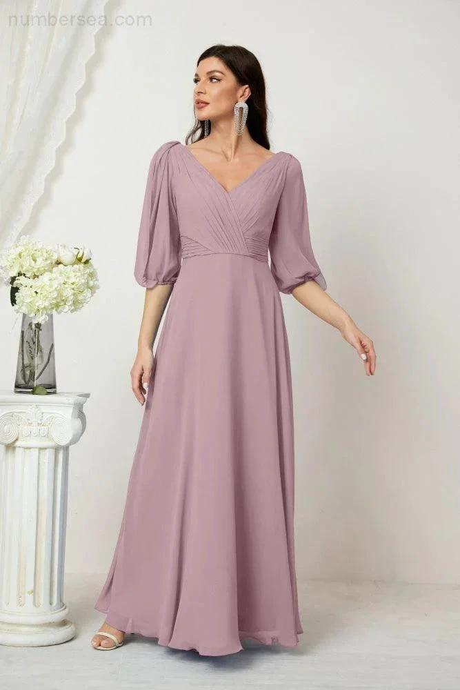Numbersea Formal Prom Gown Women V-Neck Chiffon Bridesmaid Dresses Long Bishop Sleeve Party Dress 2807 by numbersea